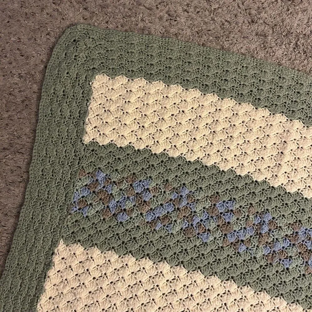 Handmade Crochet Afghan Lap/sofa Blanket 38 x 70” Green Cream Blue Brown